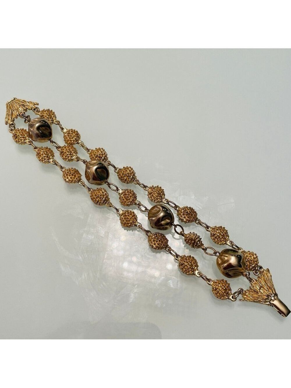 Vintage Unsigned Textured Ball Beads Multi Strand Bead Chain Gold Tone Bracelet